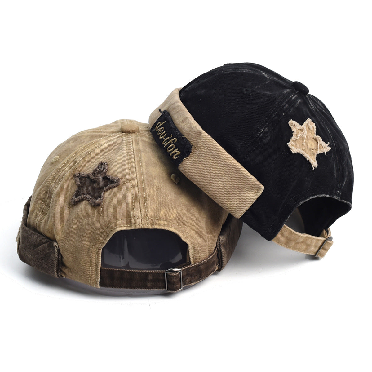 Vintage Washed Cotton Docker Cap - Unisex Brimless Beanie Hat with Star Patch(Black) - Image 6