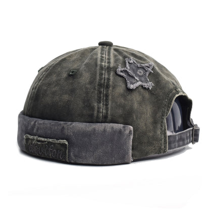 Vintage Washed Cotton Docker Cap - Unisex Brimless Beanie Hat with Star Patch(Green)