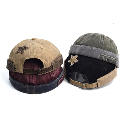 Vintage Washed Cotton Docker Cap - Unisex Brimless Beanie Hat with Star Patch(Green) - Image 5