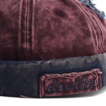 Vintage Washed Cotton Docker Cap - Unisex Brimless Beanie Hat with Star Patch(Wine red) - Image 3