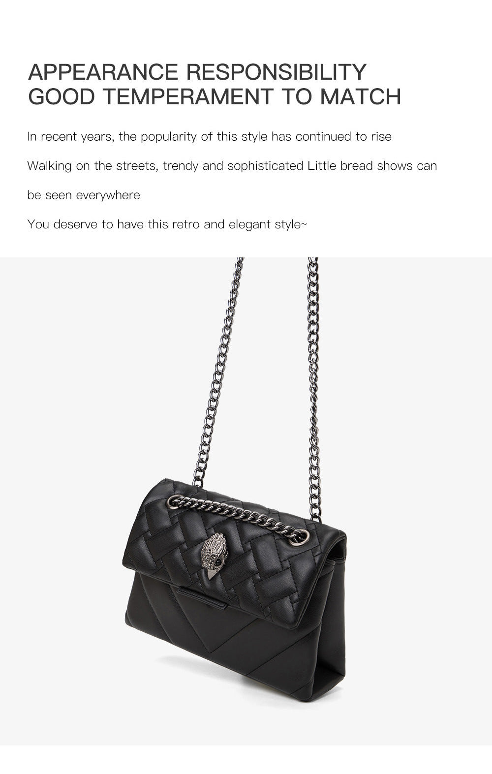Elegant Quilted Leather Chain Bag with Bird Head Clasp(Black) - Image 4