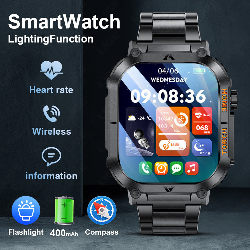 Smartwatch with Flashlight, Compass & Wireless Calling - Health & Fitness Tracker(Black silicone with black case) - Image 3