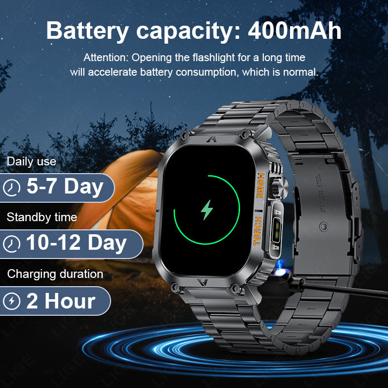 Smartwatch with Flashlight, Compass & Wireless Calling - Health & Fitness Tracker(Black silicone with silver case) - Image 4