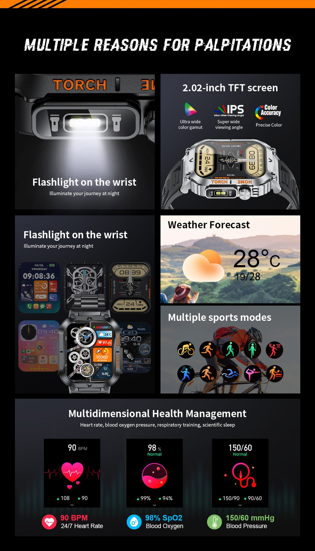Smartwatch with Flashlight, Compass & Wireless Calling - Health & Fitness Tracker(Silver case with silver steel + black silicone) - Image 5