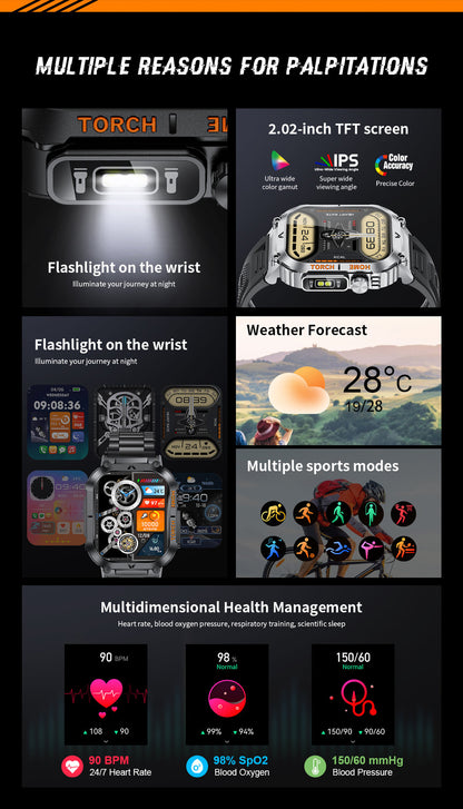 Smartwatch with Flashlight, Compass & Wireless Calling - Health & Fitness Tracker(Silver case with silver steel + black silicone) - Image 5