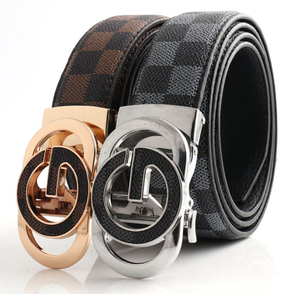 Luxury Designer Style PU Leather Belt,Automatic Buckle(G-patterned black-gray belt + silver buckle) - Image 2