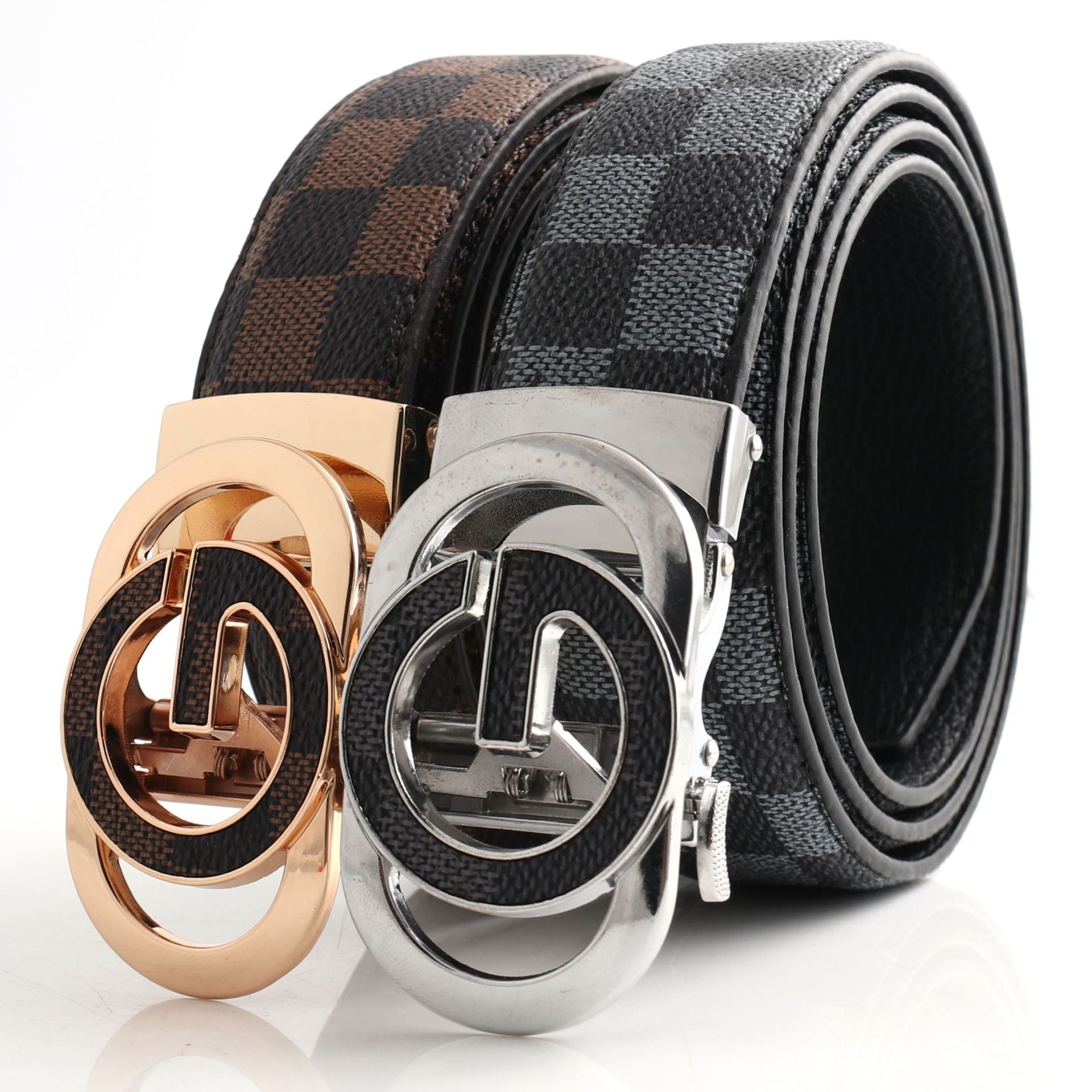Luxury Designer Style PU Leather Belt,Automatic Buckle(G-patterned black-gray belt + gray buckle) - Image 2