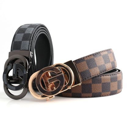 Luxury Designer Style PU Leather Belt,Automatic Buckle(G-patterned black-gray belt + gray buckle) - Image 4
