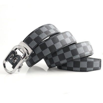 Luxury Designer Style PU Leather Belt,Automatic Buckle(B-patterned black-gray belt + silver buckle - Image 3