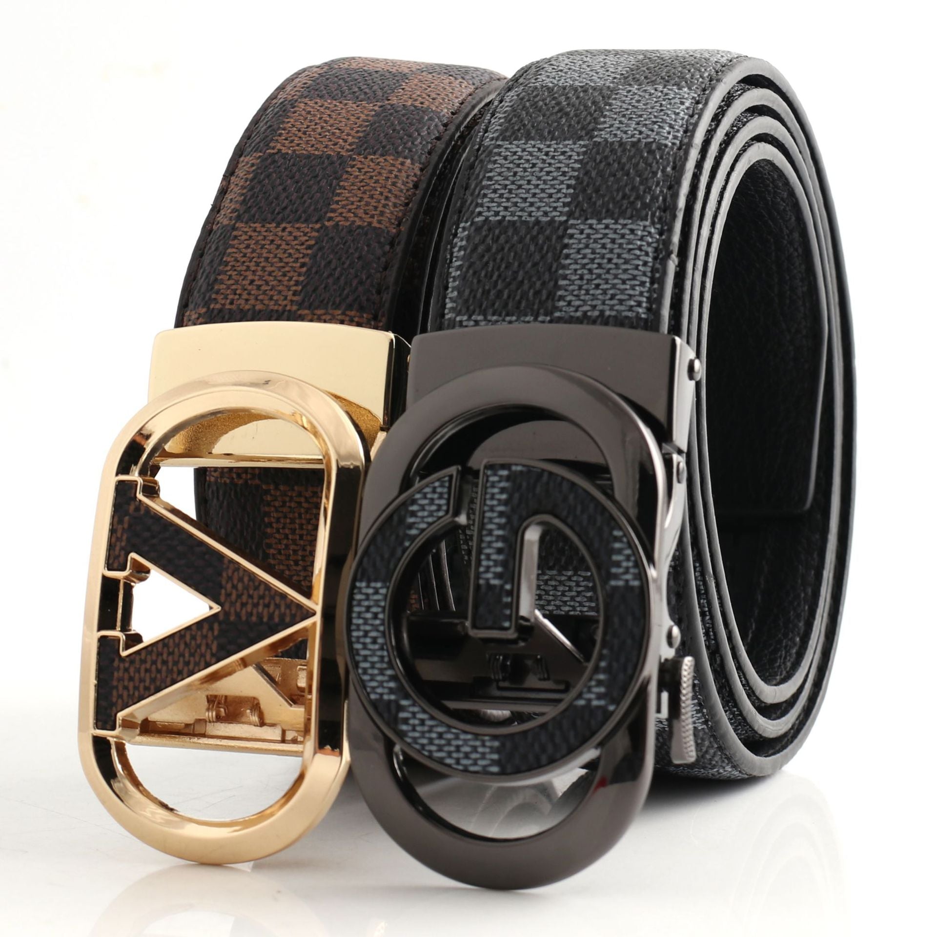 Luxury Designer Style PU Leather Belt,Automatic Buckle(V-patterned black-gray belt + gray buckle) - Image 3