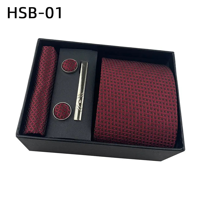 Men's Luxury Necktie Gift Set - 4 Piece Set with Tie, Pocket Square, Cufflinks & Tie Clip(Dark red)