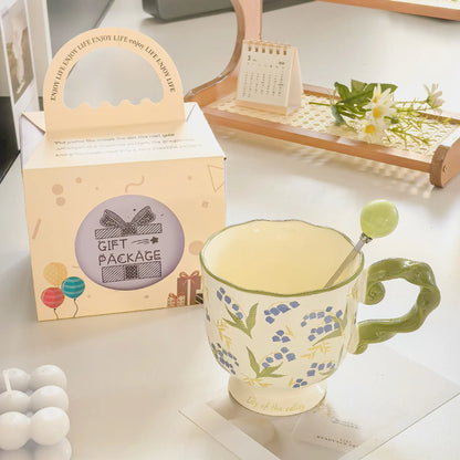 Elegant Ceramic Mug with Sculpted Handle,400ml Vintage Inspired Pedestal Design(Matcha Green)