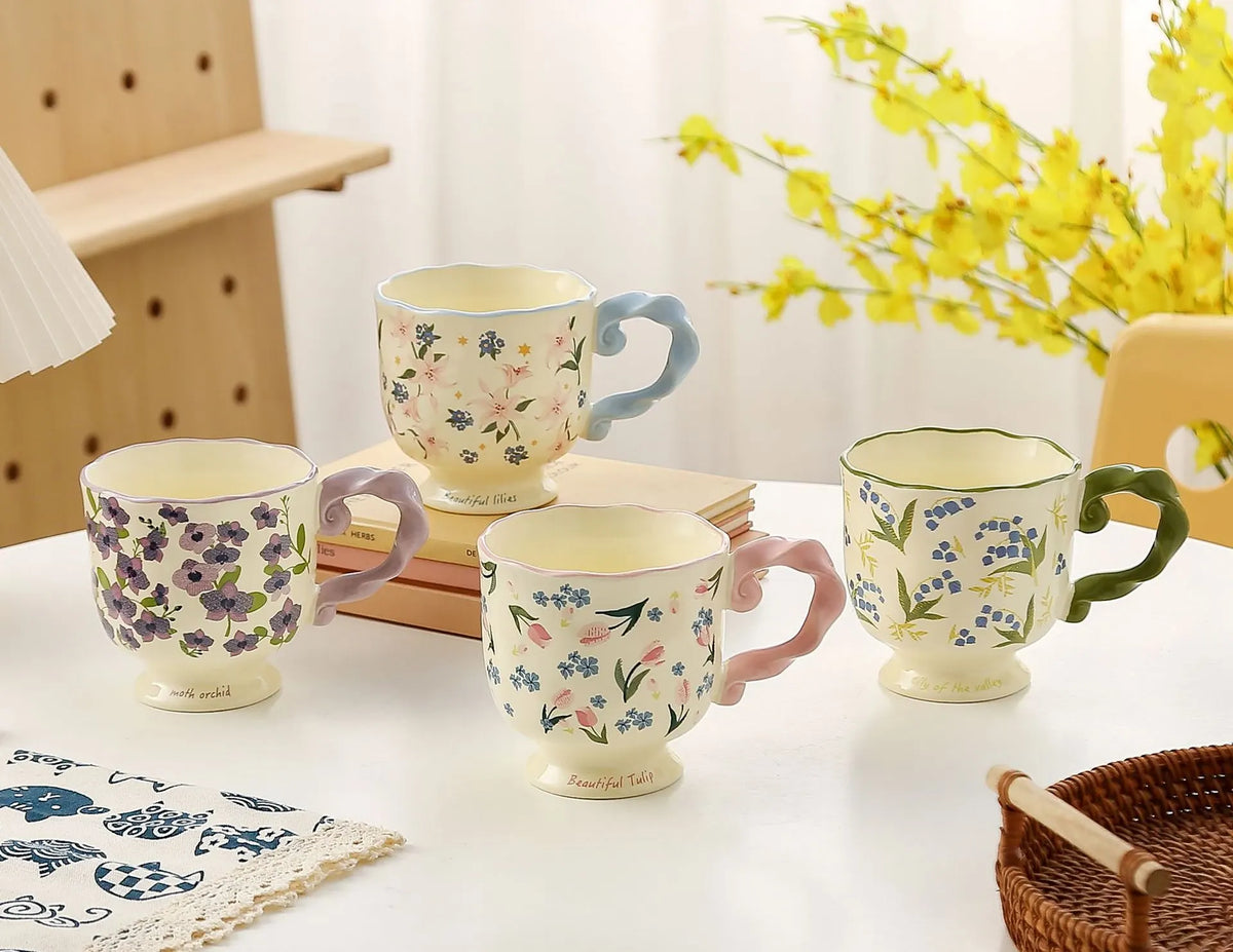 Elegant Ceramic Mug with Sculpted Handle,400ml Vintage Inspired Pedestal Design(Matcha Green) - Image 2