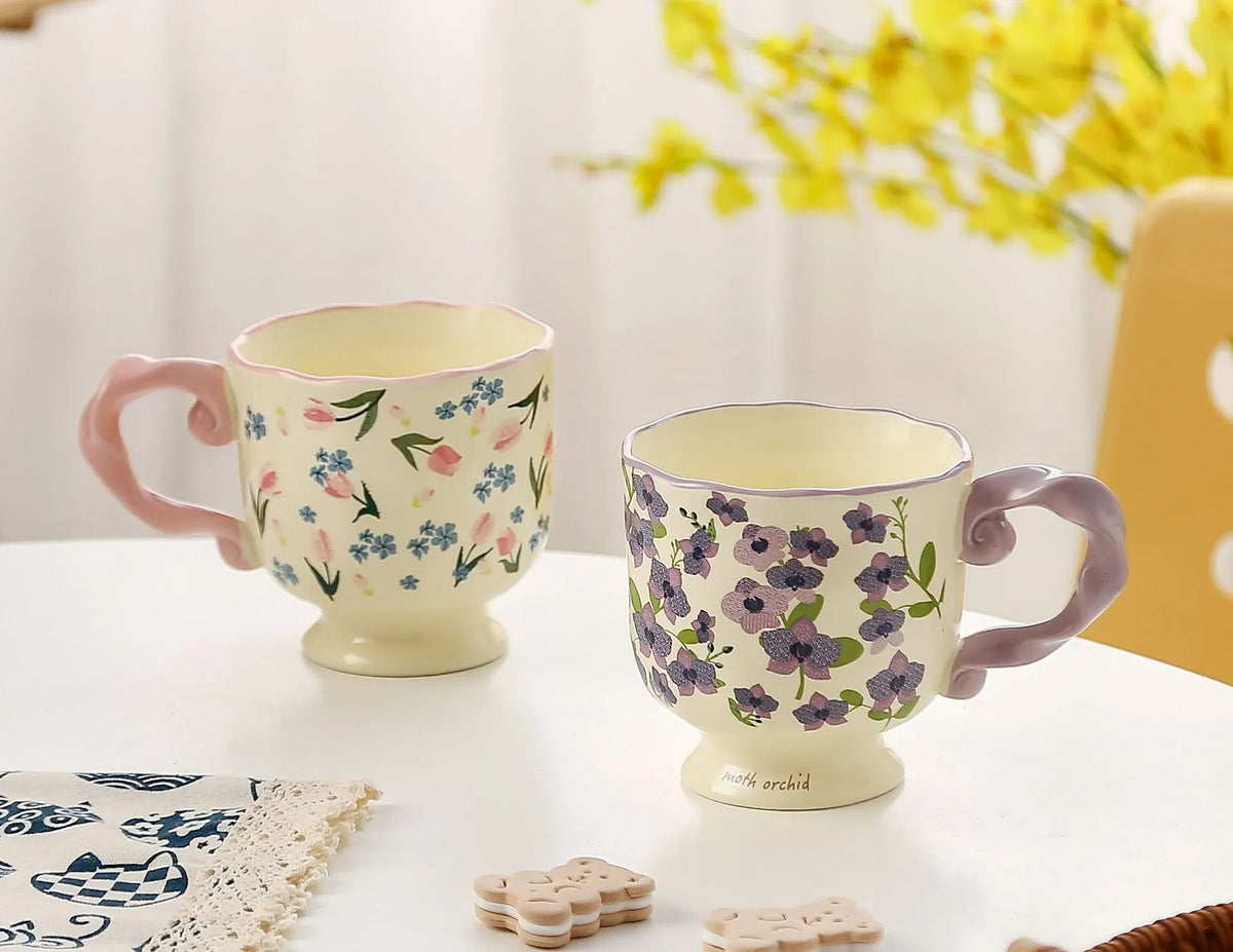 Elegant Ceramic Mug with Sculpted Handle,400ml Vintage Inspired Pedestal Design(Matcha Green) - Image 3