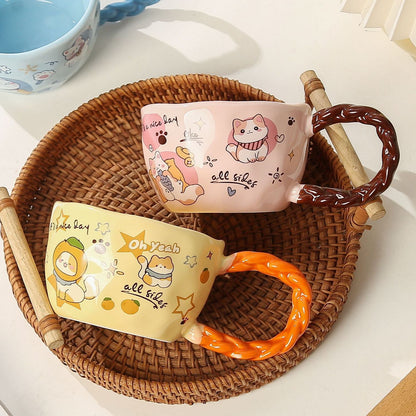 Whimsical Cat & Friends Ceramic Mug - 320ml with Unique Twisted Handle (Yellow) - Image 4