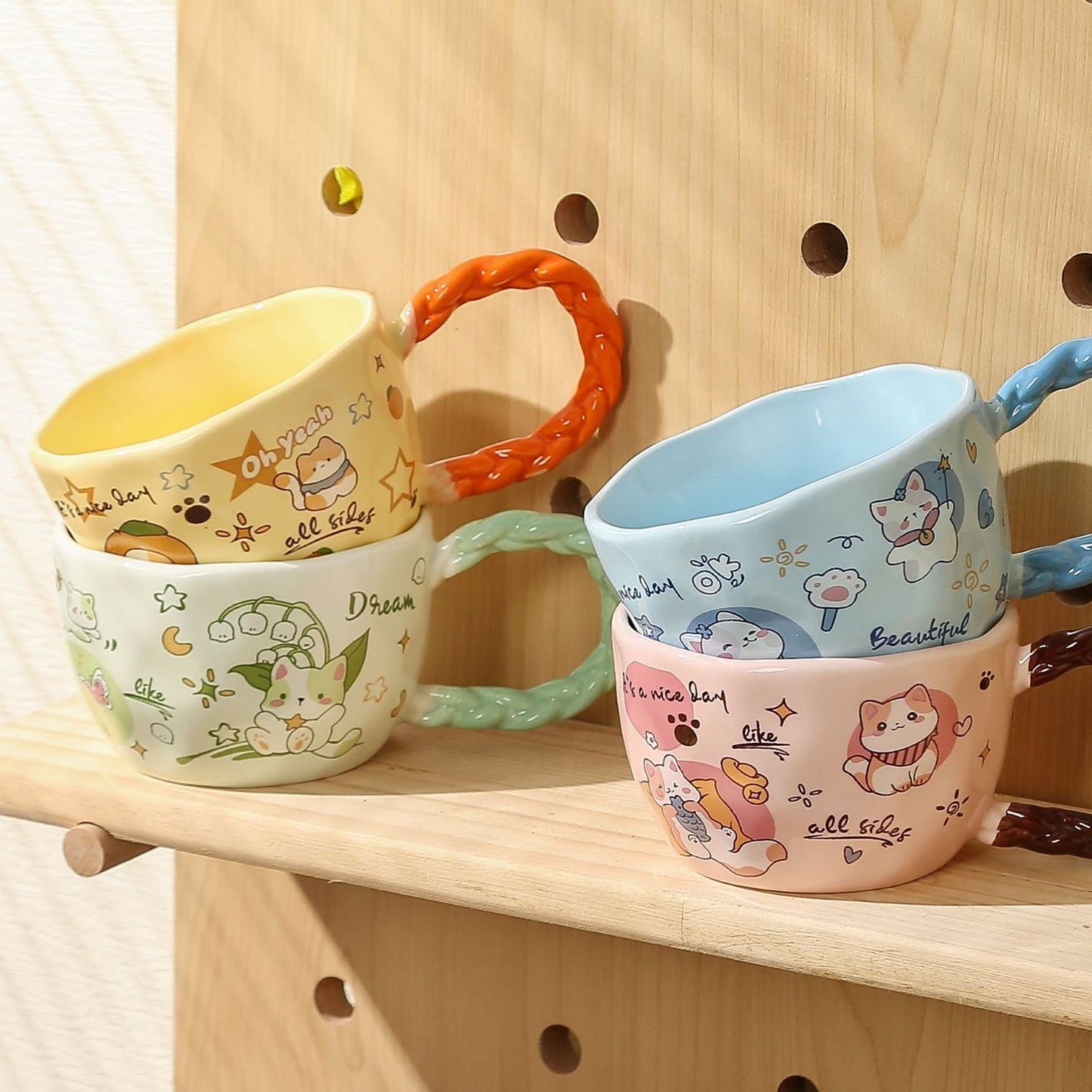 Whimsical Cat & Friends Ceramic Mug - 320ml with Unique Twisted Handle (Blue) - Image 3