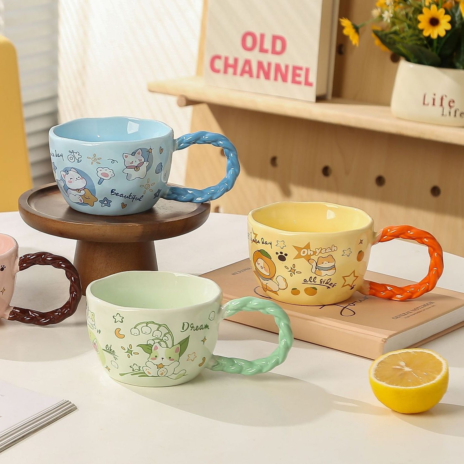 Whimsical Cat & Friends Ceramic Mug - 320ml with Unique Twisted Handle (Green) - Image 2