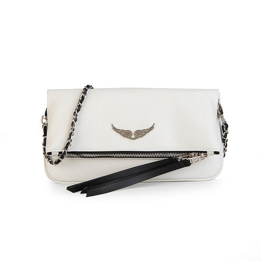 Chic Quilted Leather Crossbody Bag with Chain Strap & Tassel Detail(Pure white)