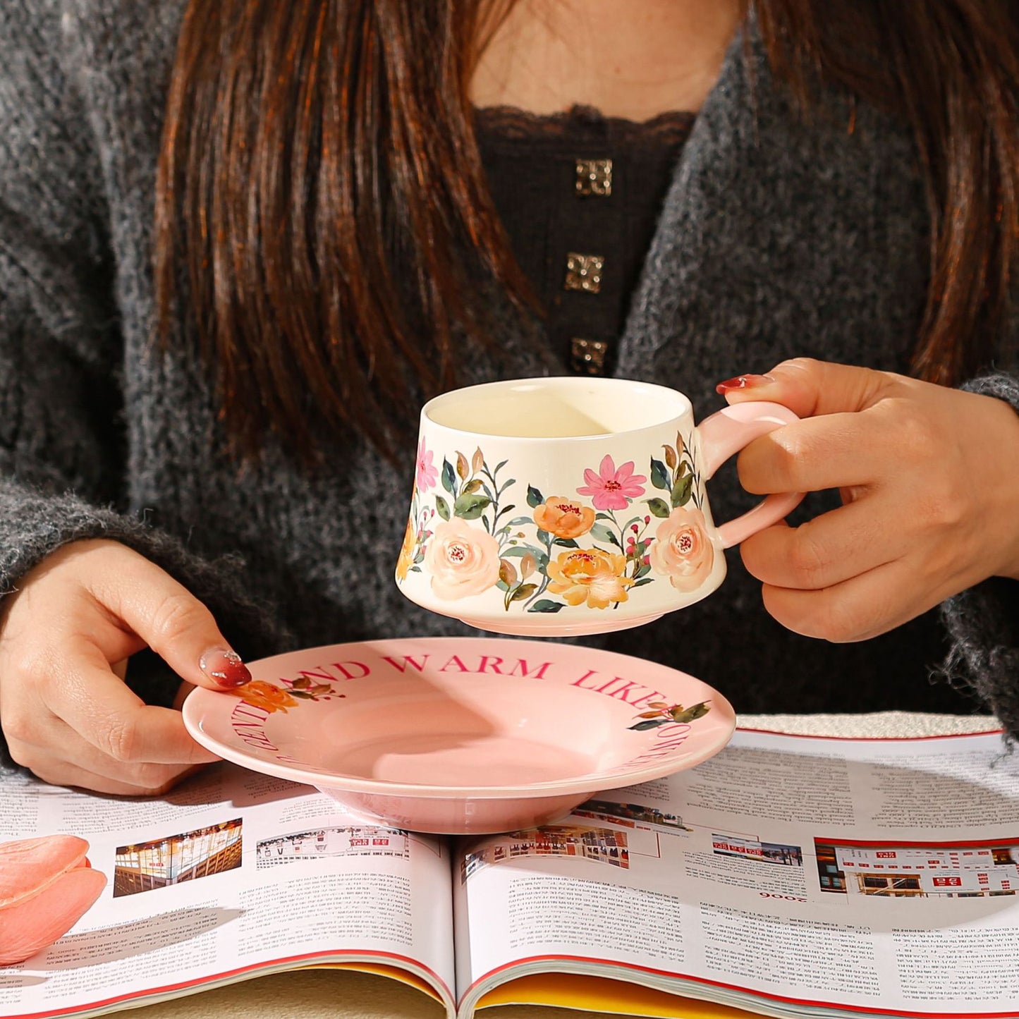 Vintage Floral Ceramic Coffee Cup & Saucer Set(White disc - pink flowers) - Image 4