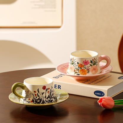 Vintage Floral Ceramic Coffee Cup & Saucer Set(Green disc - green sunflowers) - Image 2