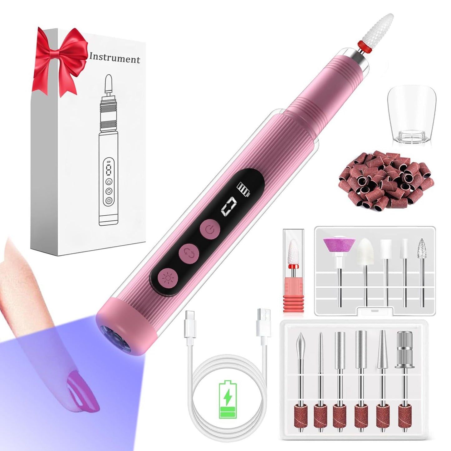 Portable Cordless Electric Nail Drill Kit with UV Lamp - 0-20000RPM, LED Display, 12 Bits(Grey) - Image 2