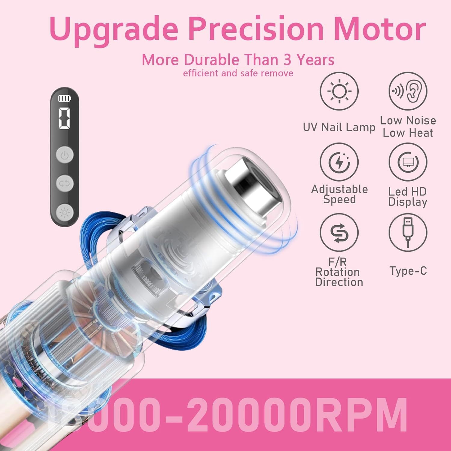 Portable Cordless Electric Nail Drill Kit with UV Lamp - 0-20000RPM, LED Display, 12 Bits(Grey) - Image 7