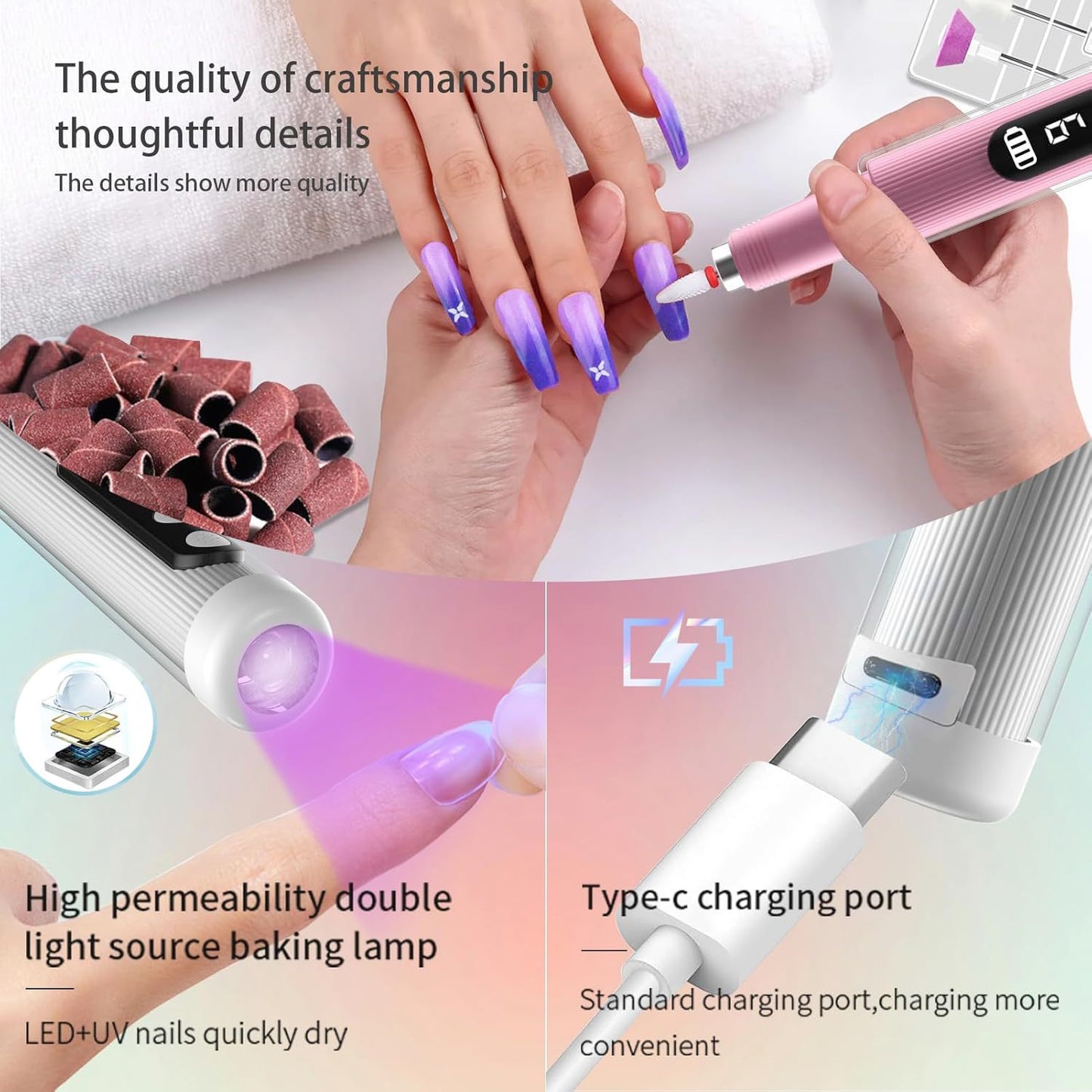 Portable Cordless Electric Nail Drill Kit with UV Lamp - 0-20000RPM, LED Display, 12 Bits(White) - Image 5