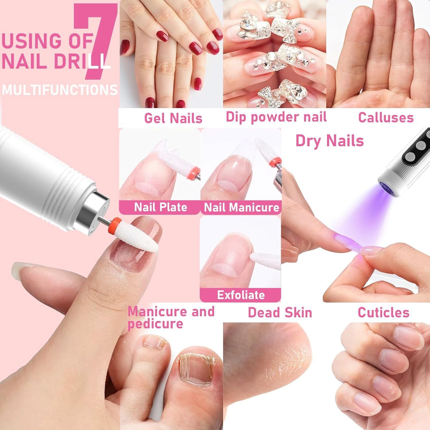Portable Cordless Electric Nail Drill Kit with UV Lamp - 0-20000RPM, LED Display, 12 Bits(Pink) - Image 3