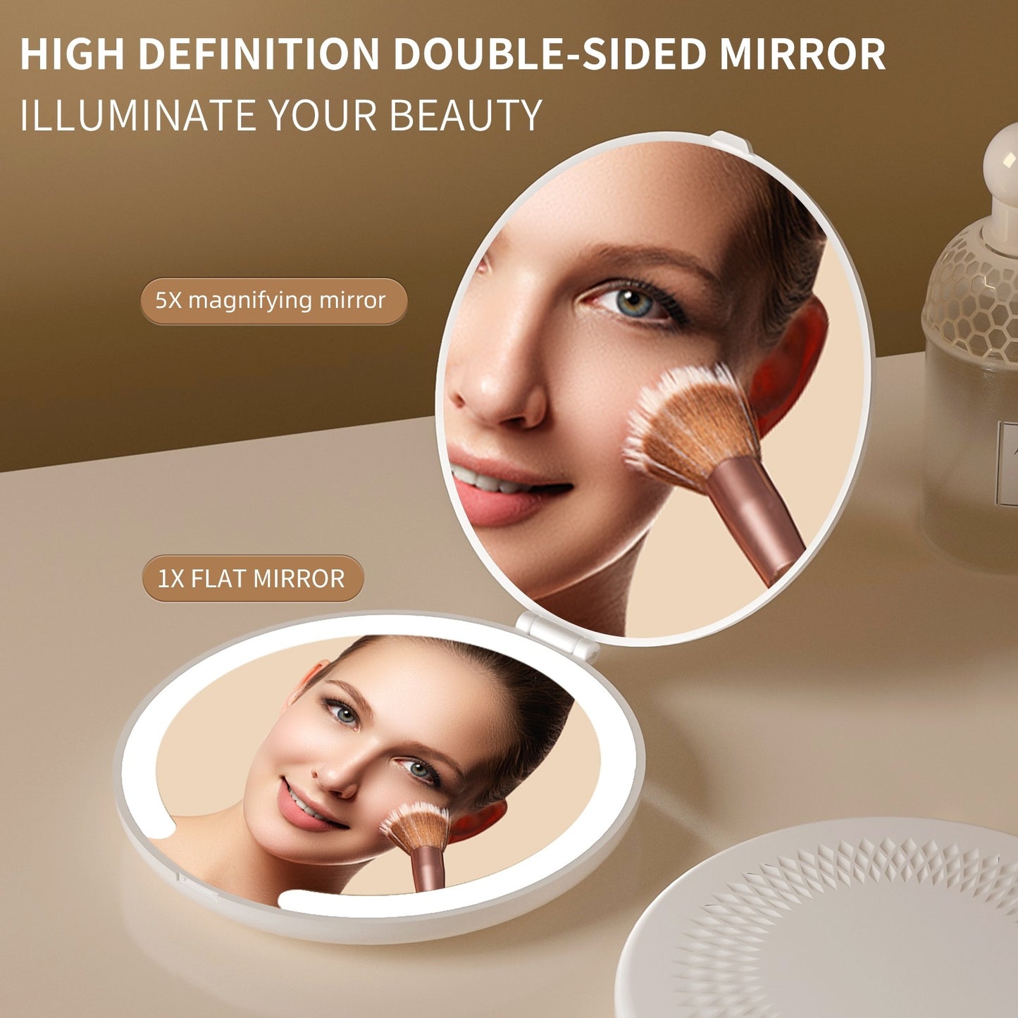 LED Lighted Travel Makeup Mirror - Double-Sided 1X/5X Magnification, USB-C Rechargeable, Induction Light(white) - Image 3