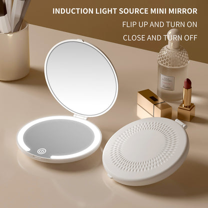 LED Lighted Travel Makeup Mirror - Double-Sided 1X/5X Magnification, USB-C Rechargeable, Induction Light(Khaki) - Image 2