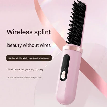 Cordless Hair Straightener Brush - 4000mAh USB-C Rechargeable, 4 Temps, Anti-Scald 3D Comb Design(Pink) - Image 2