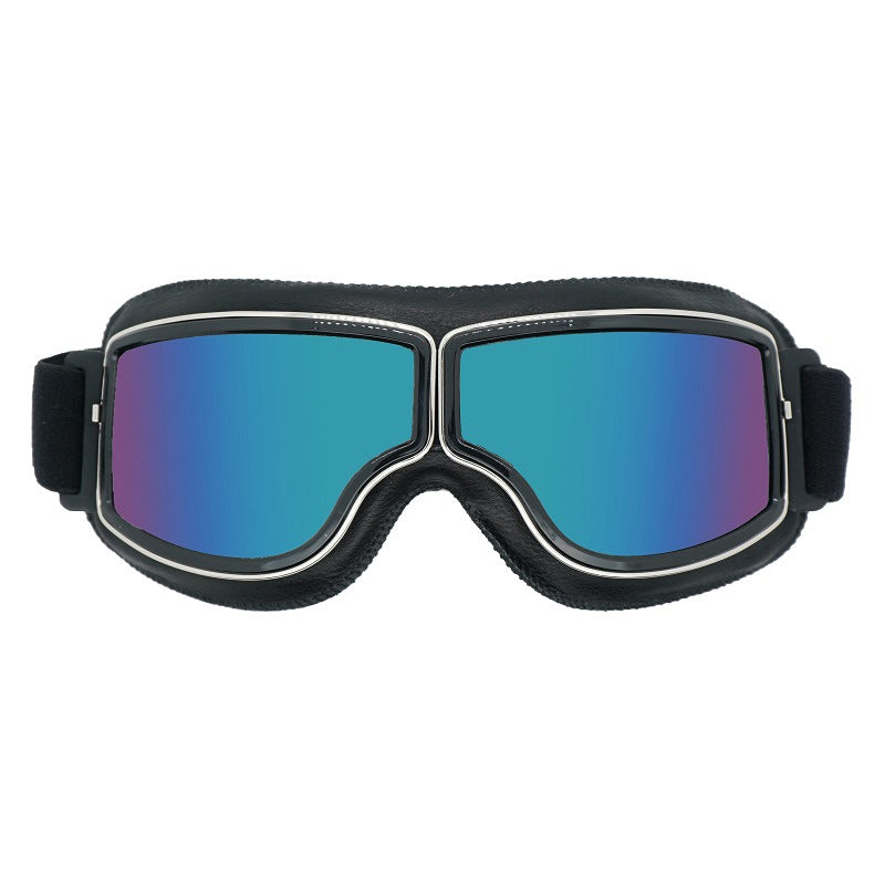 Retro Motorcycle Goggles - Windproof, UV400 Protection, Anti-Impact PC Lenses with Leather Frame(Black leather colored lens)