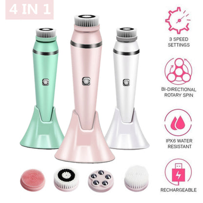 4-in-1 Electric Facial Cleansing Brush & Massager - IPX6 Waterproof, 3 Speeds, Bi-Directional Spin, USB Rechargeable(Pink) - Image 2