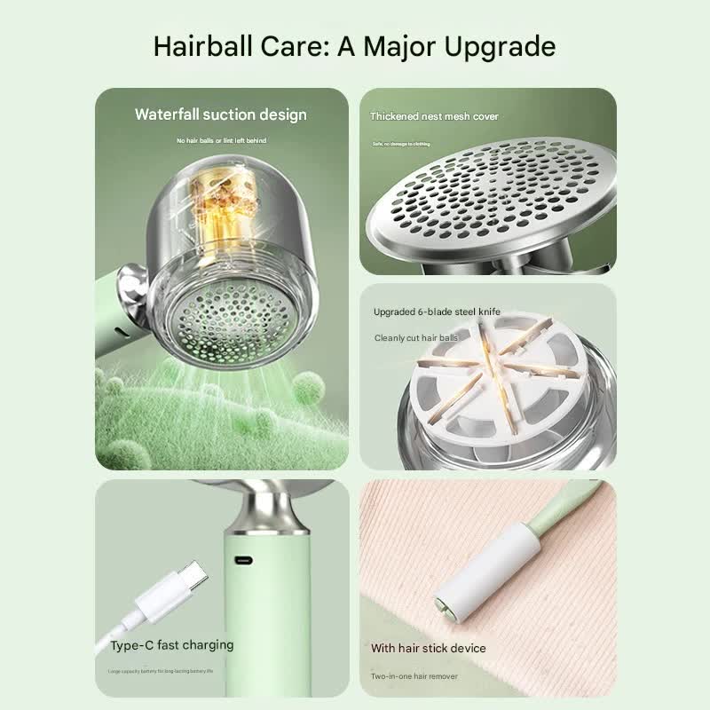 Upgraded Electric Lint Remover with LED Display - 6-Blade, Type-C Fast Charge, 2-in-1 with Sticky Roller(green) - Image 2