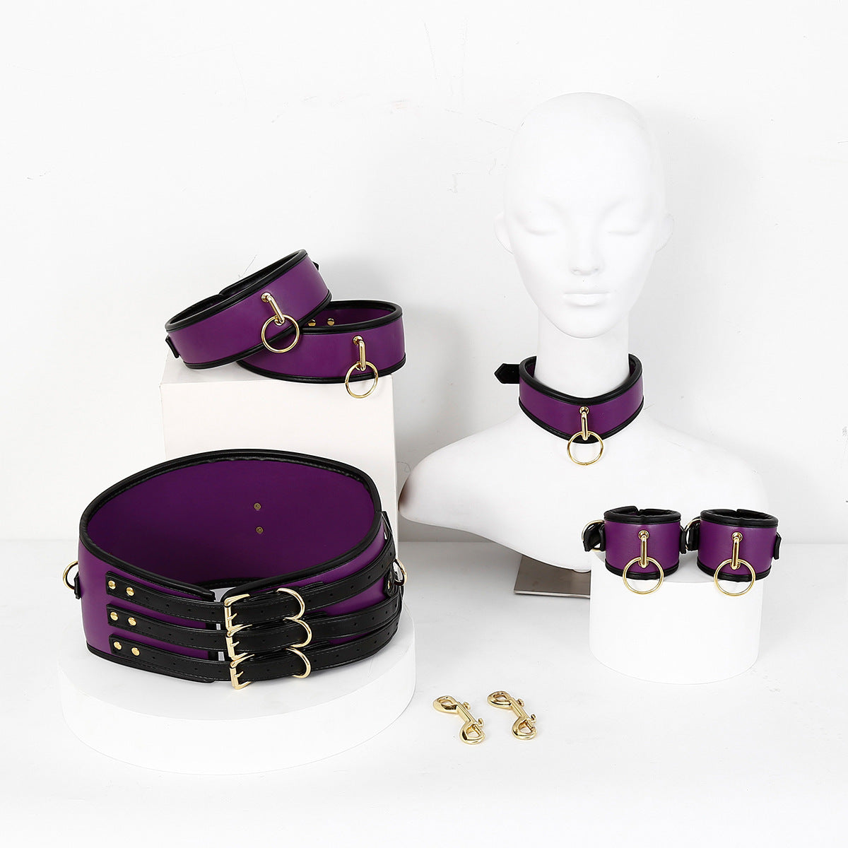 Adjustable PU Leather Bondage Restraint Set - Collar, Waist Belt, Hand & Leg Cuffs with Connectors(purple) - Image 3