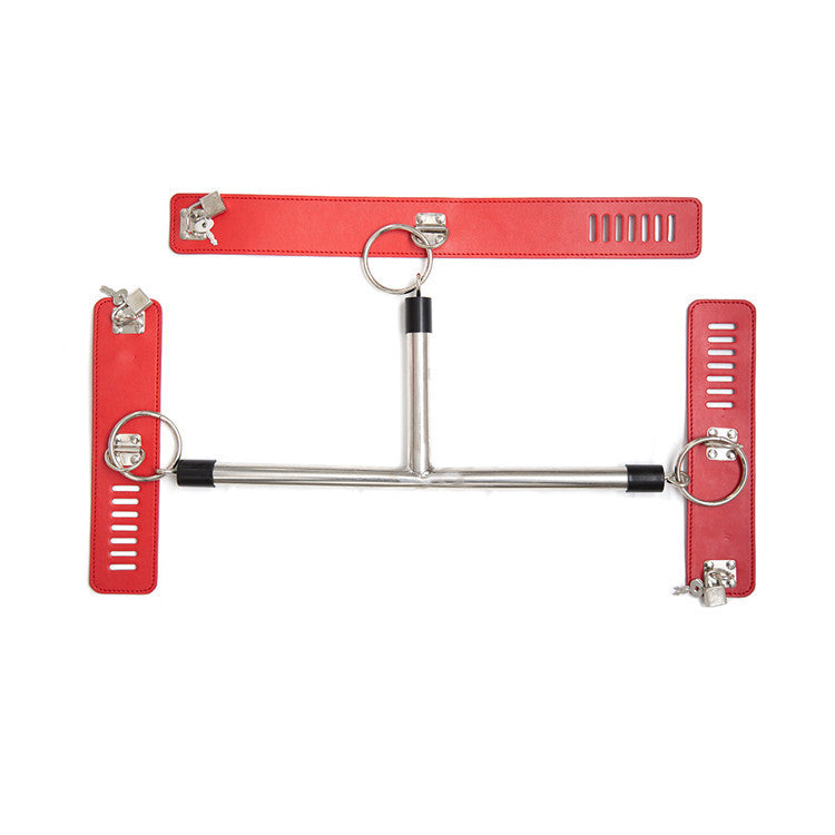 Adjustable PU Leather Collar & Locking Handcuff Spreader Bar Set - Adult Novelty Restraint(red) - Image 4