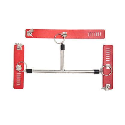Adjustable PU Leather Collar & Locking Handcuff Spreader Bar Set - Adult Novelty Restraint(red) - Image 4