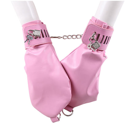 PU Leather Padded Bondage Mitts with Locking Straps & Connecting Chain - Playful Adult Set(Black) - Image 4