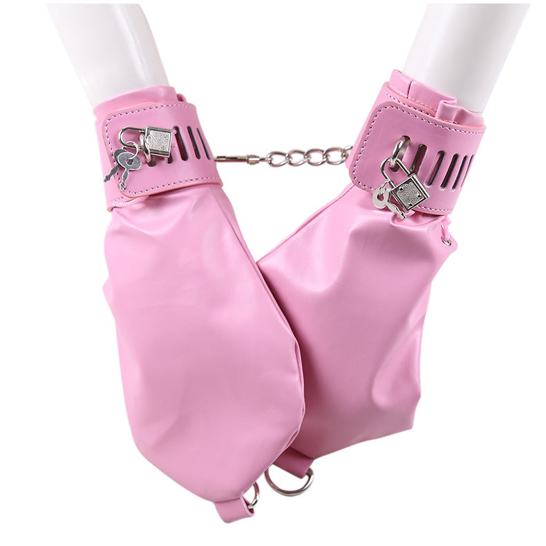 PU Leather Padded Bondage Mitts with Locking Straps & Connecting Chain - Playful Adult Set(Pink) - Image 4