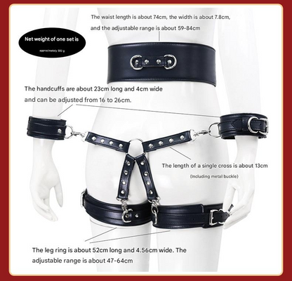Full Body PU Leather Bondage Restraint Set with Collar, Leash, Cuffs & Harness - Adjustable Adult Play(Red) - Image 3