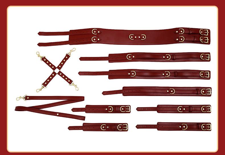 Full Body PU Leather Bondage Restraint Set with Collar, Leash, Cuffs & Harness - Adjustable Adult Play(Red) - Image 4