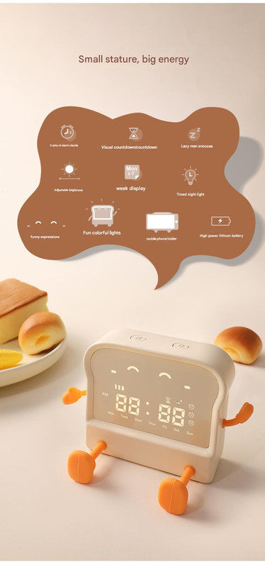 Adorable Toast-Shaped Digital Alarm Clock with Night Light & Phone Stand - Multifunctional Kids Clock(brown) - Image 3