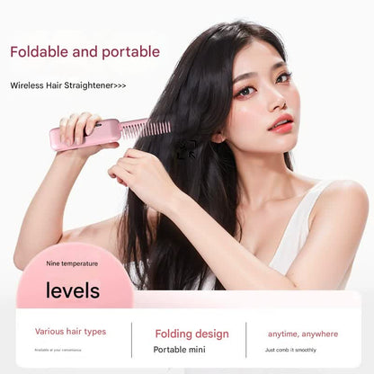 Foldable Wireless Hair Straightener Comb - 9 Temperature Settings, Anti-Scald, USB-C Rechargeable(pink) - Image 3