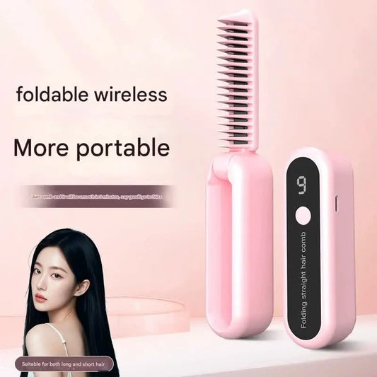 Foldable Wireless Hair Straightener Comb - 9 Temperature Settings, Anti-Scald, USB-C Rechargeable(yellow) - Image 2