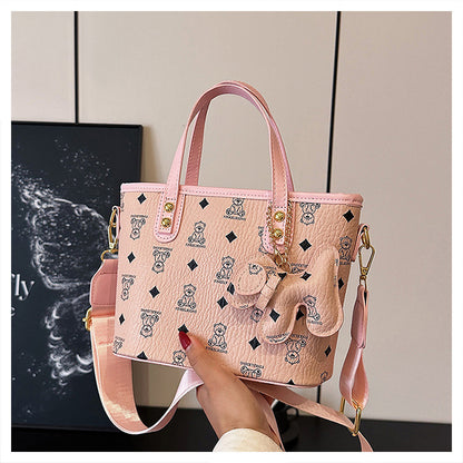 Chic Print Tote Bag with Bear Charm - Versatile Handbag & Crossbody(black) - Image 3