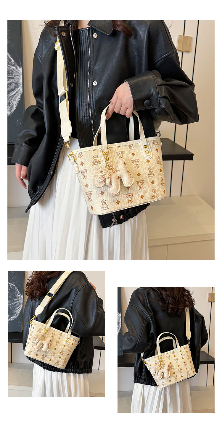Chic Print Tote Bag with Bear Charm - Versatile Handbag & Crossbody(black) - Image 5
