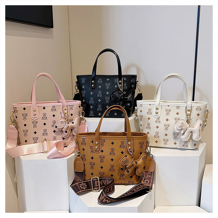 Chic Print Tote Bag with Bear Charm - Versatile Handbag & Crossbody(Beige) - Image 2