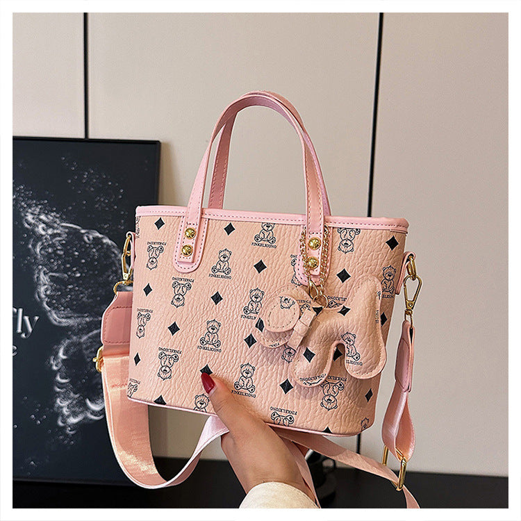 Chic Print Tote Bag with Bear Charm - Versatile Handbag & Crossbody(Beige) - Image 3