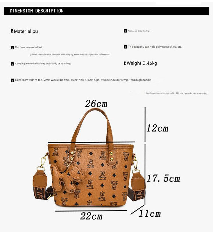Chic Print Tote Bag with Bear Charm - Versatile Handbag & Crossbody(Beige) - Image 6