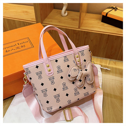 Chic Print Tote Bag with Bear Charm - Versatile Handbag & Crossbody(Pink)